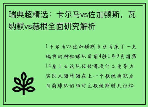 瑞典超精选：卡尔马vs佐加顿斯，瓦纳默vs赫根全面研究解析