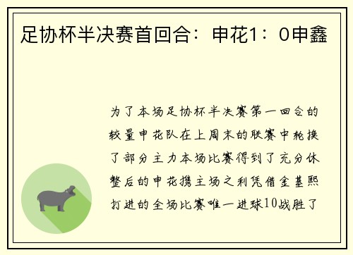 足协杯半决赛首回合：申花1：0申鑫